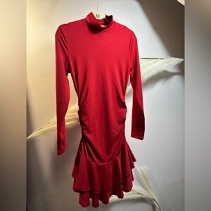 (#61) Red Long Sleeve Ruffle Hem Dress